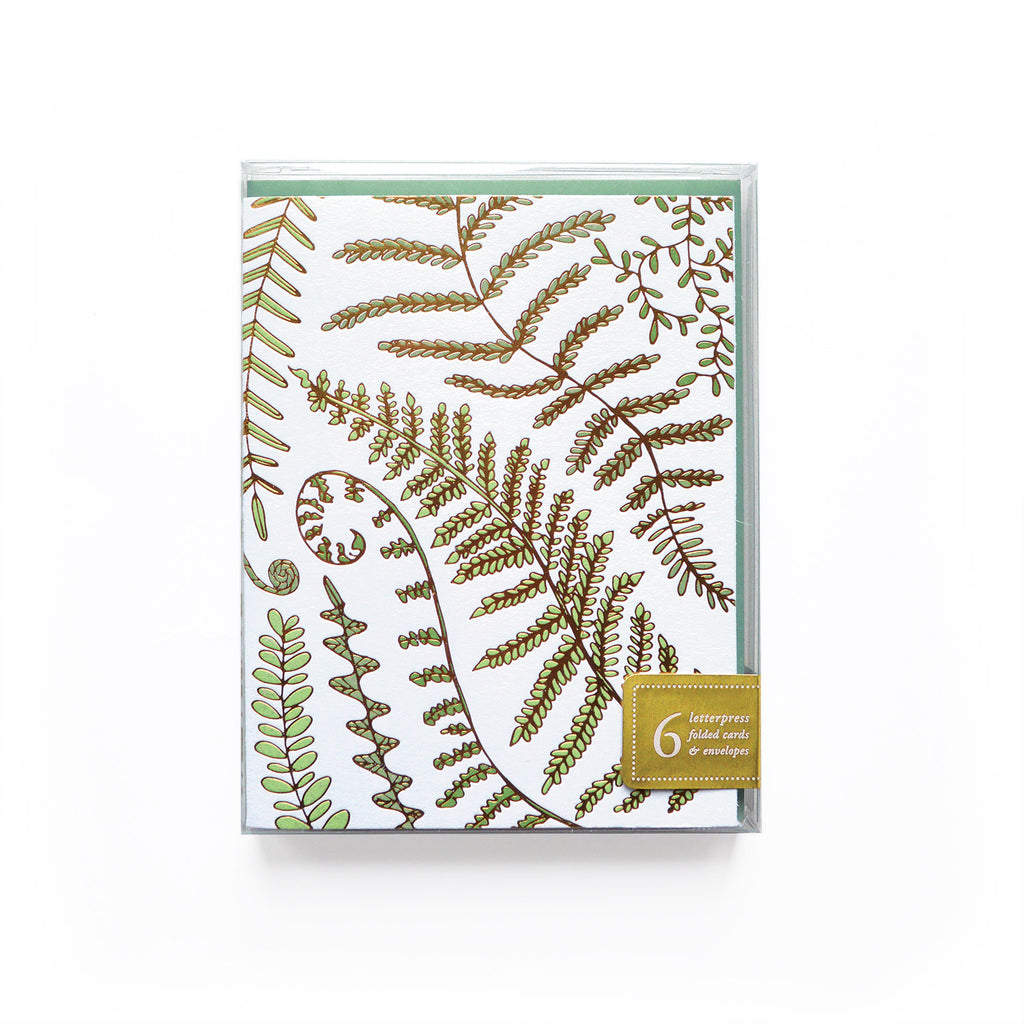 Gold Fern on Green Folded Note Cards with Envelope | Set of 5